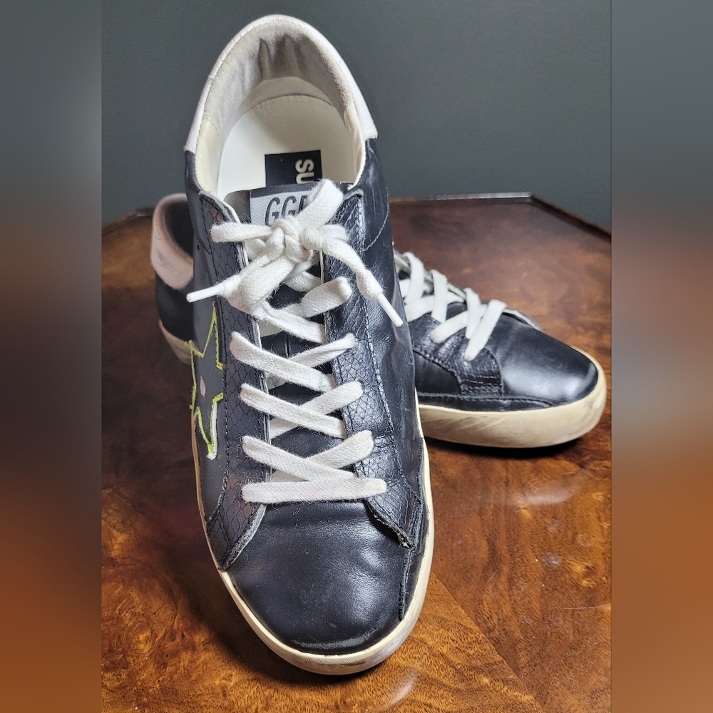 Golden Goose Black Leather Sneaker/ Snakeskin Leather Accents / Neon Edged Star. - Picture 4 of 16